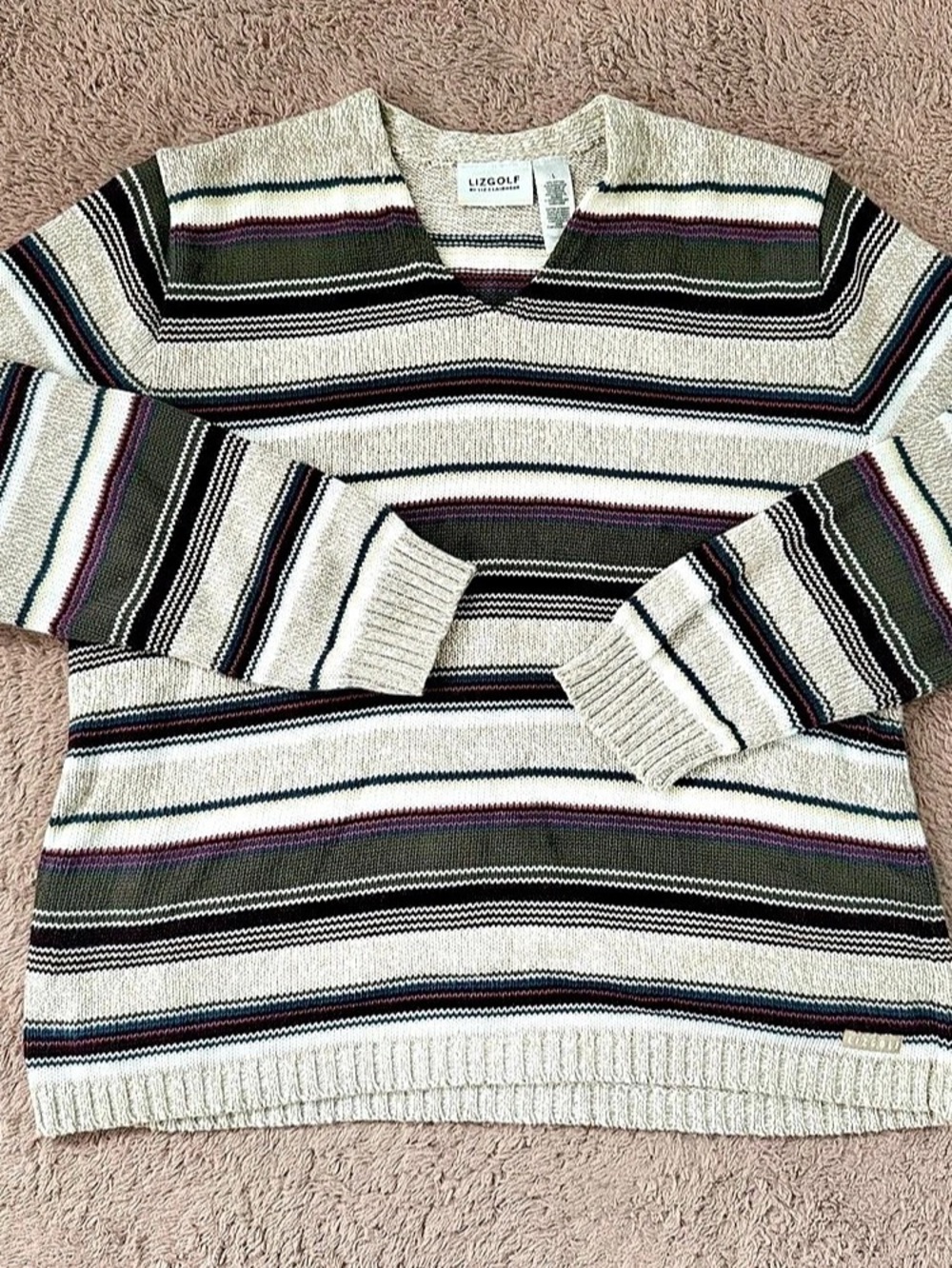 LIZGOLF Striped V-Neck Sweater in Green & Cream Like New
